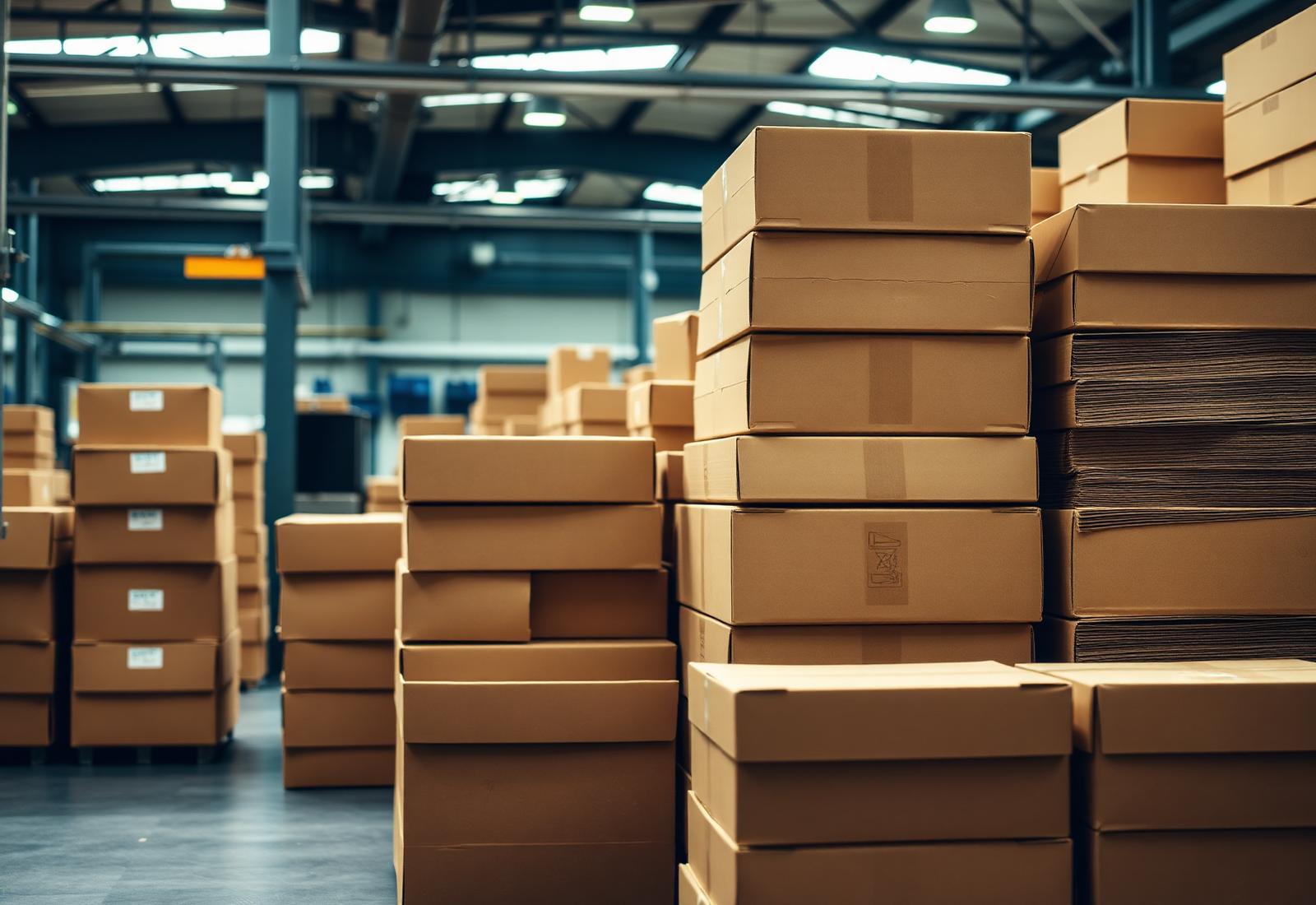 Stacks of corrugated cardboard boxes in Shahmeer Packages factory